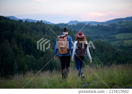 Travellers couple hiking on trail in nature with backpacks, during sunset. Young tourist spending summer vacation oudoors, holding hands. Travellers couple hiking on trail in nature with backpacks, during sunset. Young tourist spending summer vacation oudoors, holding hands. 115617602