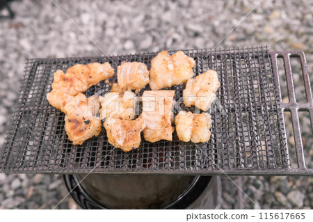 [Solo camping at the auto campground Grilling white offal on a net]　 115617665