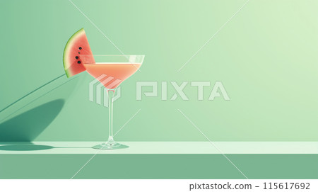 A minimalist watermelon cocktail garnished with a watermelon slice, set against a green background  115617692