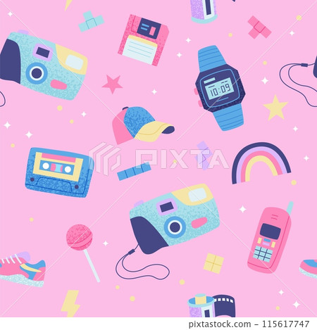 90s retro seamless pattern. Cute bright multicolor elements on pink background. Vector illustration in trendy flat style 90s retro seamless pattern. Cute bright multicolor elements on pink background. Vector illustration in trendy flat style 115617747