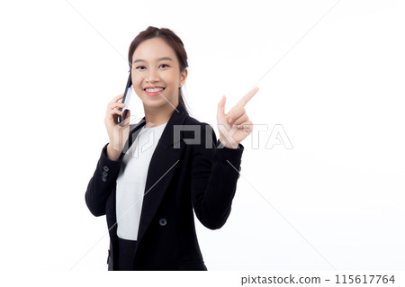 Portrait young asian businesswoman in suit gesture surprised while talking on smartphone. 115617764