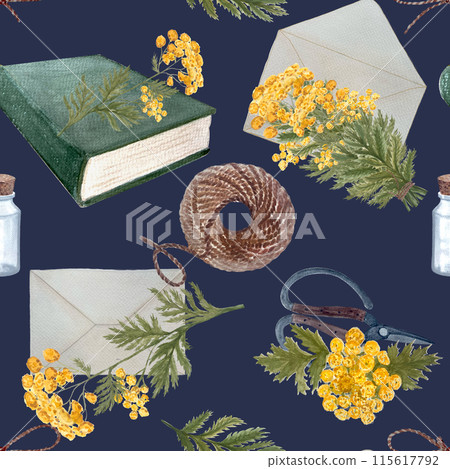 Blue tansy flowers, scissors, jute rope, book and envelope seamless pattern on dark background. Hand painted in watercolor. High quality art great for wrapping paper, packages, herbal production 115617792