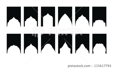Arabic shapes windows and arches traditional ornament. Set of Islamic shape window frame in retro boho color. Vector Arabic shapes windows and arches traditional ornament. Set of Islamic shape window frame in retro boho color. Vector 115617793