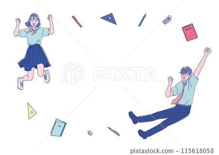 男女學生帶著微笑和學習工具跳躍 115618058