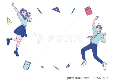 男女學生帶著微笑和學習工具跳躍 115618059