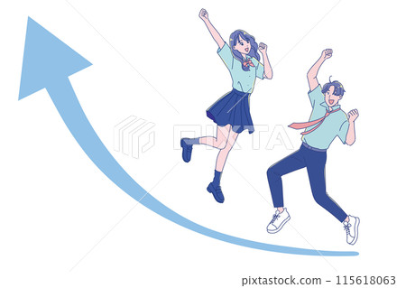 Male and female students in summer uniforms jumping energetically 115618063