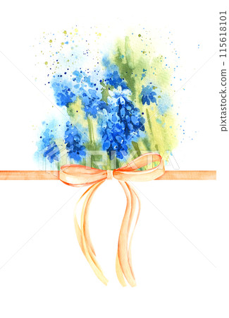 Watercolor template with spring blue flowers and green leaves and beige bow with ribbons, primroses, blue and cyan snowdrops, hyacinths, first flowers, for spring, wedding decoration 115618101