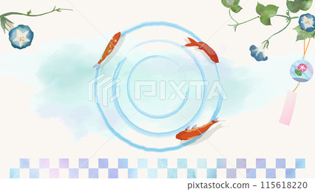Summer background illustration frame with wind chimes, goldfish and morning glory, no text, 16:9, vector, watercolor texture Summer background illustration frame with wind chimes, goldfish and morning glory, no text, 16:9, vector, watercolor texture 115618220