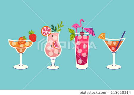 Set of summer fruity refreshing drinks. Vector graphics. Set of summer fruity refreshing drinks. Vector graphics. 115618314