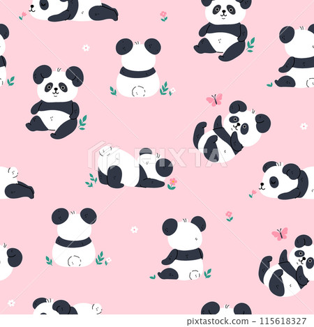 Seamless pattern with cute kawaii pandas on a pink background. Vector graphics. Seamless pattern with cute kawaii pandas on a pink background. Vector graphics. 115618327