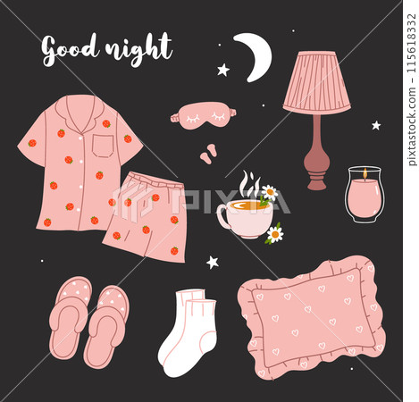 A set of items for a cozy bedtime. Vector graphics. 115618332