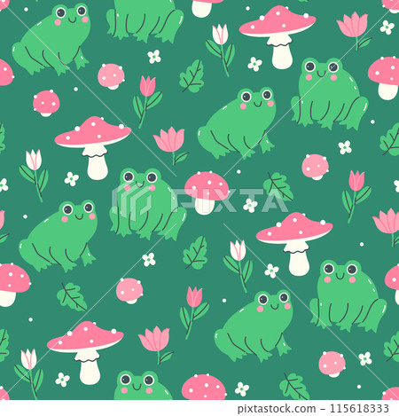 Seamless pattern with cute frogs, flowers, fly agarics. Vector graphics. 115618333