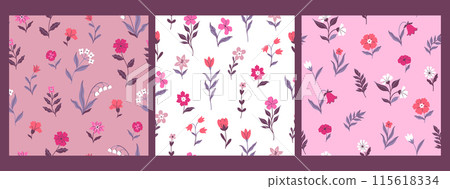 Set of seamless patterns with meadow flowers in pink colors. Vector graphics. Set of seamless patterns with meadow flowers in pink colors. Vector graphics. 115618334