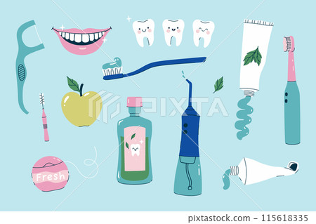 Set of various dental care items. Vector graphics. Set of various dental care items. Vector graphics. 115618335