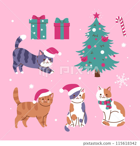 Set of cute Christmas cats, Christmas tree, gifts. Vector graphics. Set of cute Christmas cats, Christmas tree, gifts. Vector graphics. 115618342
