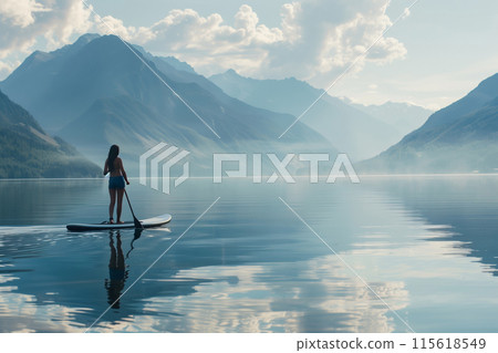 Sport, relaxation, woman enjoying floating on a paddle board on calm lake, mountains landscape 115618549