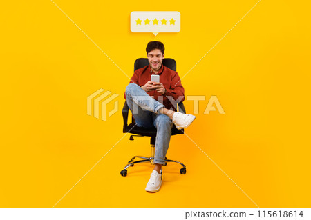 Best Mobile App. Happy Customer Man Using Smartphone Approving Application Or Service With Five Stars Feedback Sitting In Office Chair In Studio Over Yellow Background. Collage 115618614