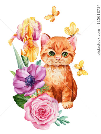 Cat Watercolor, cute ginger kitten and flowers. Leaves, Rose, anemone, iris and butterfly. floral postcard baby animal Cat Watercolor, cute ginger kitten and flowers. Leaves, Rose, anemone, iris and butterfly. floral postcard baby animal 115618734