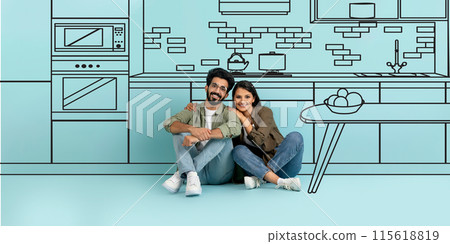 Real Estate Offer. Smiling Indian Young Couple Hugging Near Blue Wall With Illustration Of Modern Kitchen Room Interior With Drawn Furniture, Dreaming About Own House. Collage, Panorama Real Estate Offer. Smiling Indian Young Couple Hugging Near Blue Wall With Illustration Of Modern Kitchen Room Interior With Drawn Furniture, Dreaming About Own House. Collage, Panorama 115618819
