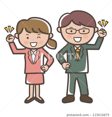 Full-body illustration of motivated young male and female office workers with fist pumps Full-body illustration of motivated young male and female office workers with fist pumps 115618875