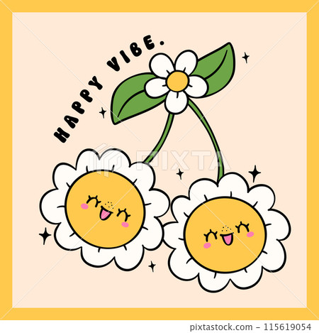 Retro groovy happy daisy cherries flower charm doodle line drawing Retro groovy happy daisy cherries flower charm doodle line drawing 115619054