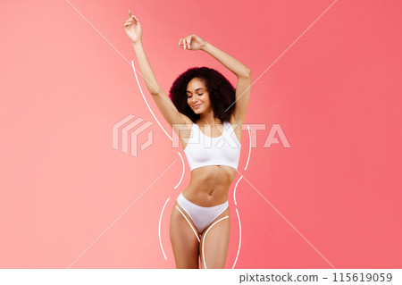 Fitness and wellness. Athletic and healthy young black lady proudly showing her toned physique, promoting the benefits of regular exercise and balanced lifestyle, color studio background, collage 115619059