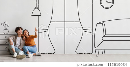 Happy young chinese couple hugs, sit on floor, dream of new design in own home, point finger on window on white background with abstract drawn furniture in room interior. Renovation, buy house Happy young chinese couple hugs, sit on floor, dream of new design in own home, point finger on window on white background with abstract drawn furniture in room interior. Renovation, buy house 115619084