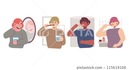 Cute cartoon modern characters brushing teeth Cute cartoon modern characters brushing teeth 115619108
