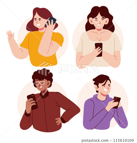 Cute cartoon modern characters holding smartphone 115619109