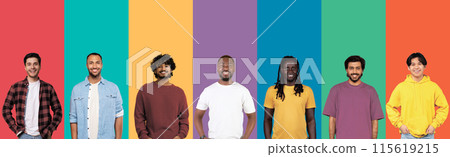 Diversity And Variety Concept. Creative composite collage series of optimistic multicultural men smiling on colorful studio backgrounds. Headshot portraits of multiracial guys, male photoshoot Diversity And Variety Concept. Creative composite collage series of optimistic multicultural men smiling on colorful studio backgrounds. Headshot portraits of multiracial guys, male photoshoot 115619215