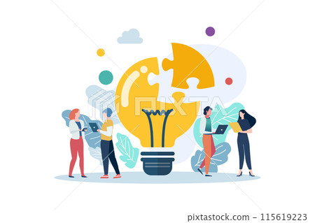 People with big lightbulb jigsaw puzzle. Creative idea concept People with big lightbulb jigsaw puzzle. Creative idea concept 115619223