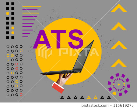 Applicant Tracking System ATS concept. Collage with a hand holding a laptop. 115619273