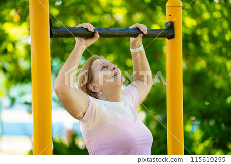 Elderly woman exercising. Fit senior lady running. Elderly woman exercising. Fit senior lady running. 115619295