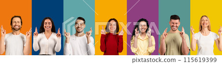 Human emotions and gestures concept. Excited superstitious multicultural millennial men and women with closed eyes crossing fingers over colorful backgrounds, collage, banner 115619399