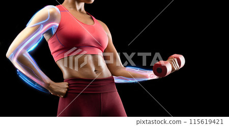 Sport technologies. Cropped of muscular well fit sporty african american woman with futuristic hologram on her arm making work out with barbell, black background, lifting weight, panorama, copy space 115619421