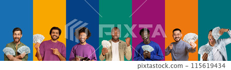 Saving, gambling, bet, cashback, lottery concept. International emotional men holding bunch of dollars, colorful studio background, panorama, collage, collection of photos 115619434