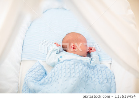 Newborn baby boy in white bassinet 115619454