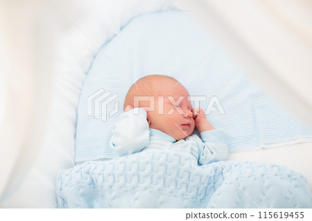 Newborn baby boy in white bassinet Newborn baby boy in white bassinet 115619455