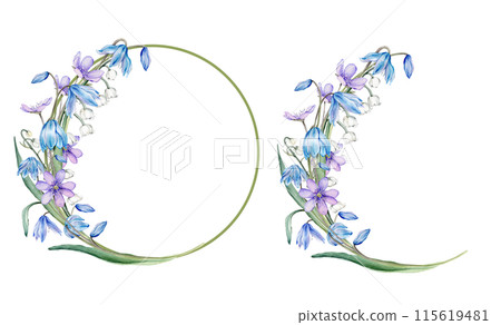 Watercolor spring floral illustration. Flower wreath with blue snowdrops or scillas and lilies of the valley isolated on white background. Handmade flowers coppice for wedding anniversary invitations. 115619481