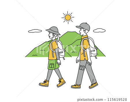 一對夫婦遠足和登山的插圖 115619528