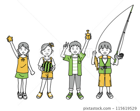 Illustration of children interacting with nature in summer 115619529