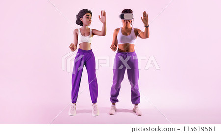 Metaverse Exploration. Black woman exploring virtual game world with 3D avatar character, using futuristic vr headset for gaming, interacting with immersive technology on pink background, panorama 115619561