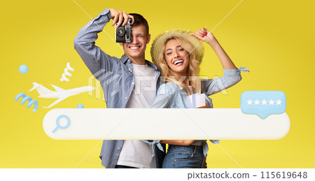 3d search and review bar, plane over happy attractive young couple tourists looking for hotel, places to visit online, yellow background. Travel and tourism, summer holiday planning, collage 3d search and review bar, plane over happy attractive young couple tourists looking for hotel, places to visit online, yellow background. Travel and tourism, summer holiday planning, collage 115619648