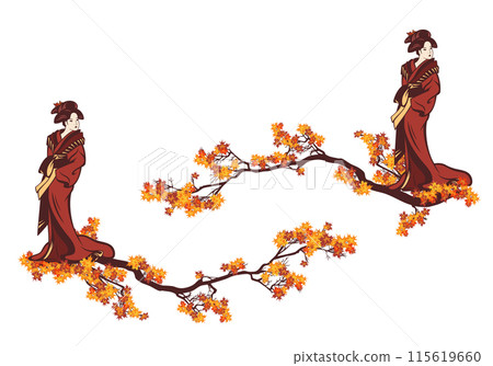 japanese geisha and autumn season maple tree branches border vector design set 115619660