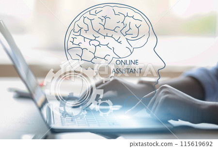 Unrecognizable young black woman independent contractor using online assistant on laptop computer while working online. Freelancer looking for creative solutions, using AI technologies, collage Unrecognizable young black woman independent contractor using online assistant on laptop computer while working online. Freelancer looking for creative solutions, using AI technologies, collage 115619692