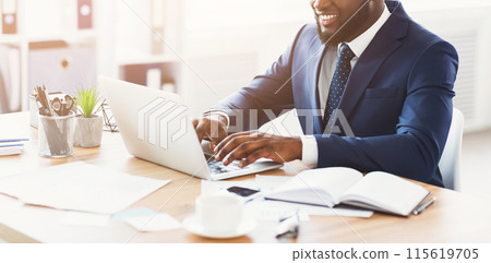 African american manager enjoying his job, working with laptop in office, mailing clients, panorama with copy space African american manager enjoying his job, working with laptop in office, mailing clients, panorama with copy space 115619705