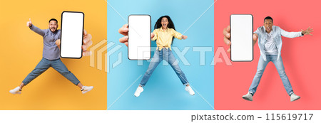 Glad excited young asian, black guys and arab woman jumping from joy and show phone with empty screen, isolated on colored background, collage. Great advice, offer and digital ad, new app, panorama 115619717