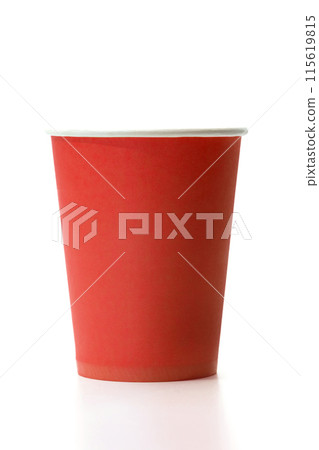 Red paper cup isolated on white background, close-up 115619815