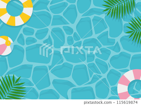 Illustration of a light blue water surface with a floating ring and beach ball_landscape Illustration of a light blue water surface with a floating ring and beach ball_landscape 115619874