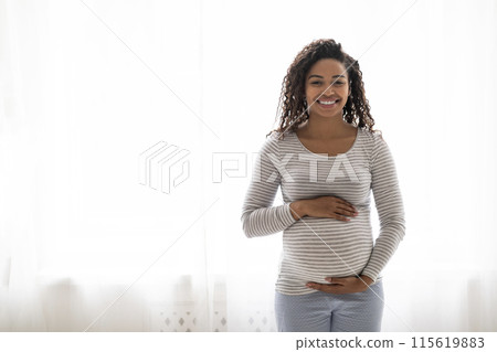 Expecting A Baby. Portrait Of Happy Black Pregnant Lady Tenderly Touching Belly Near Window At Home, Beautiful African American Awaiting Mother Embracing Tummy And Smiling, Enjoying Pregnancy Time 115619883